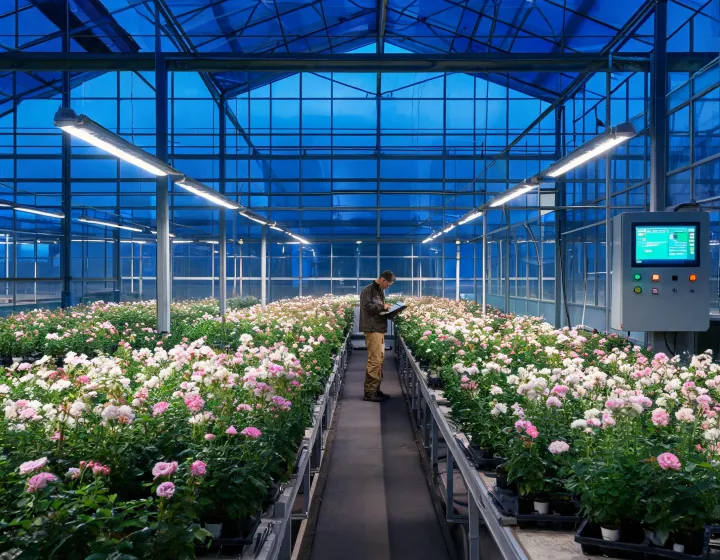 Commercial greenhouse canopy under precision grow lighting